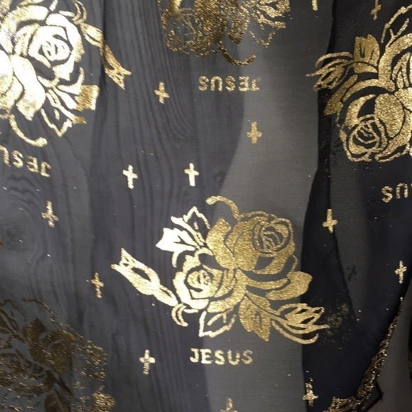 SHEER Scarf Roses Crosses & Jesus Black & Gold Metallic 60 inch - Picture 2 of 5
